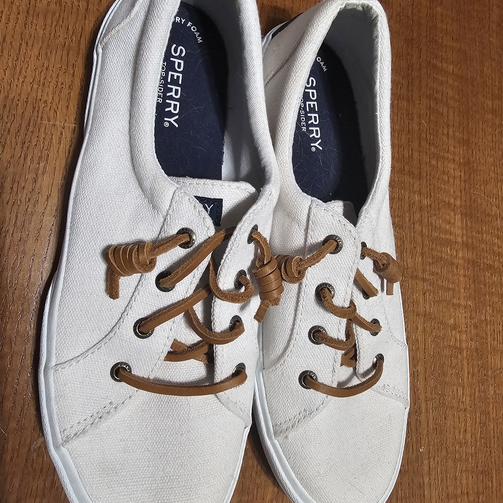 Sperry White and Brown Canvas Sneakers with Rubber Toe Cap